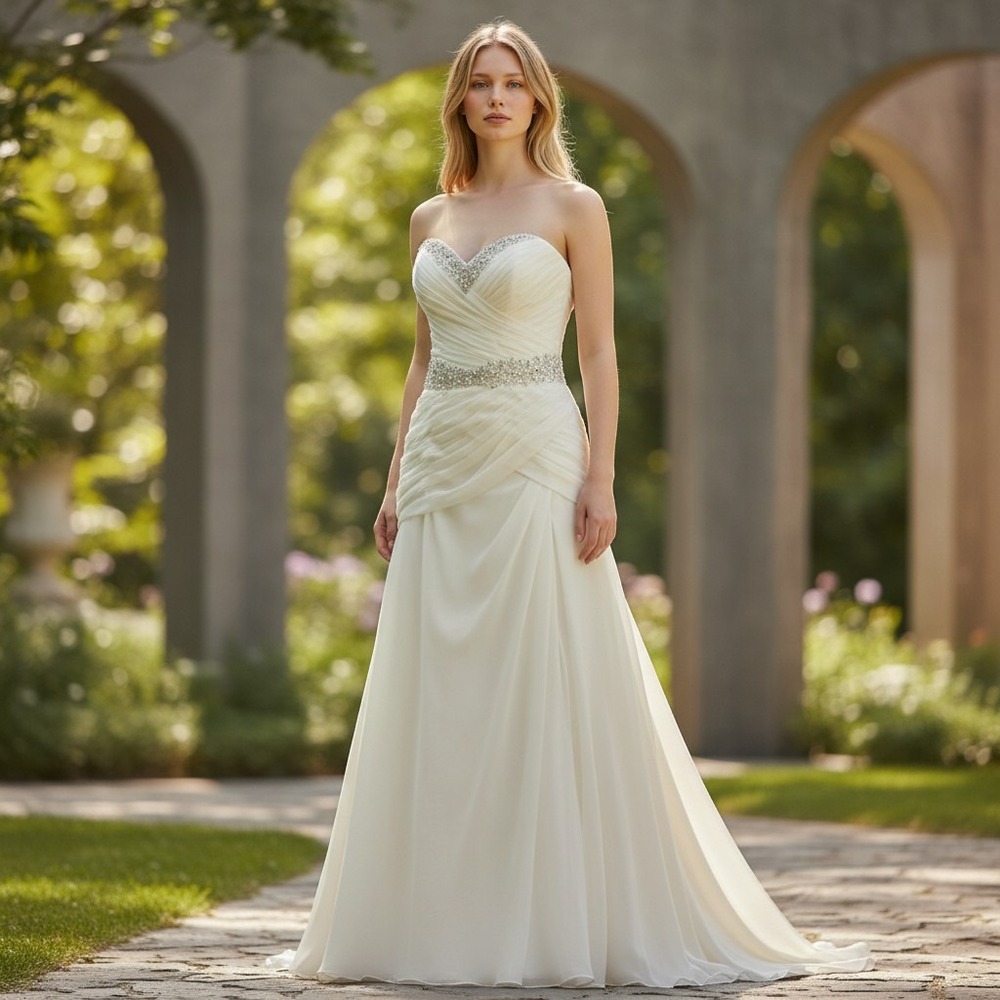 Mori Lee Chiffon Beaded A-Line Wedding Dress Ivory Strapless Lace Up Back Sz 24